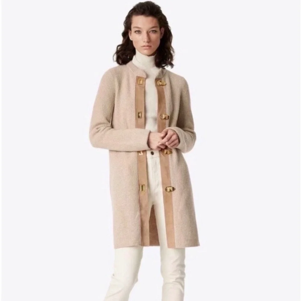Tory Burch Rory Sweater Coat Tan Beige Cable Knit Classy Cardigan Coat Small
